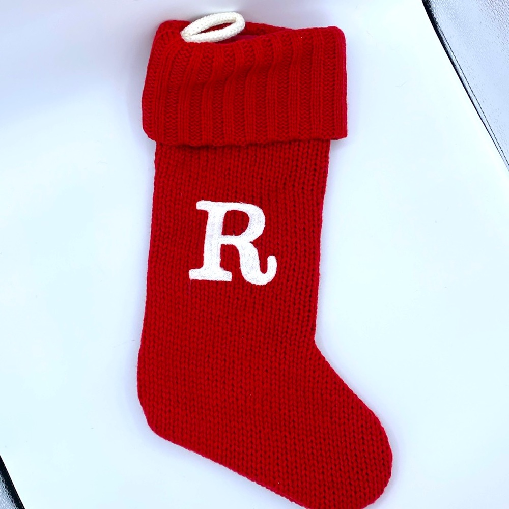 Letter R Knit Stocking Red Sock Christmas Holiday